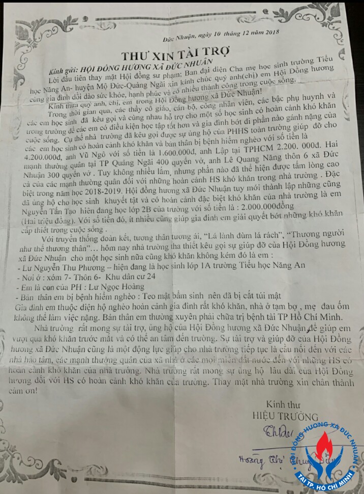 Thư xin tài trợ của Trường Tiểu Học Năng An